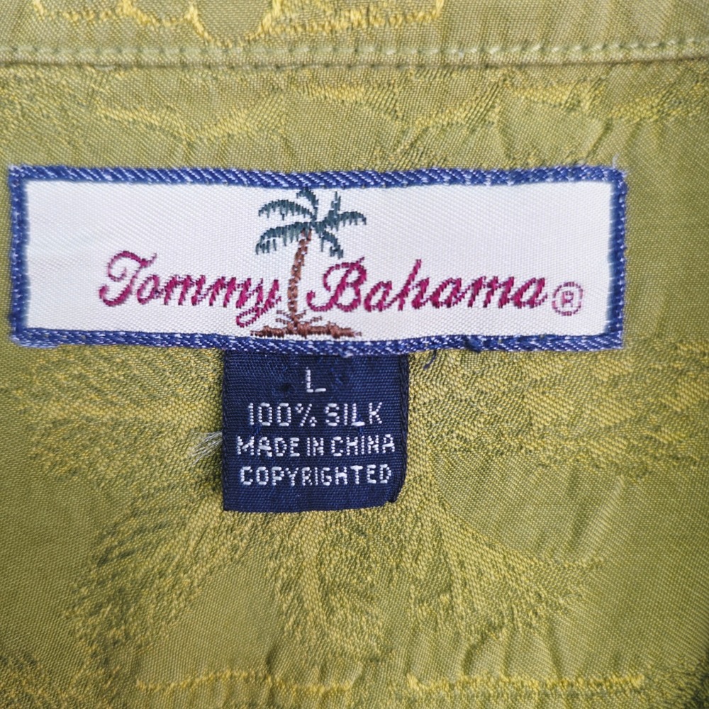 Tommy Bahama Mens Large Silk Embroidered Palm Floral Camp Shirt Mustard Green - Picture 3 of 11